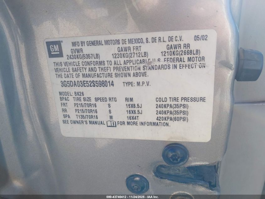 2002 Buick Rendezvous Cx VIN: 3G5DA03E52S598014 Lot: 43740412