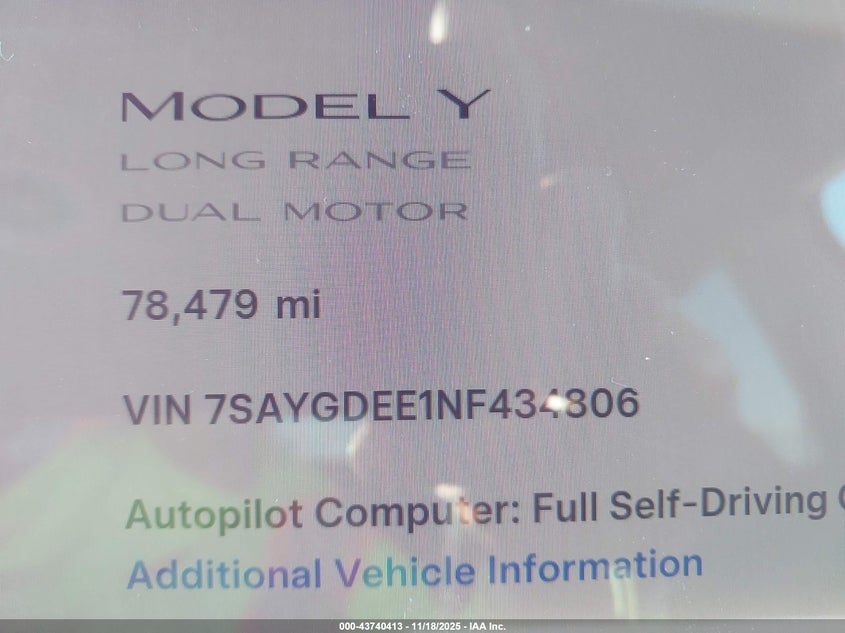 2022 Tesla Model Y Long Range Dual Motor All-Wheel Drive VIN: 7SAYGDEE1NF434806 Lot: 43740413