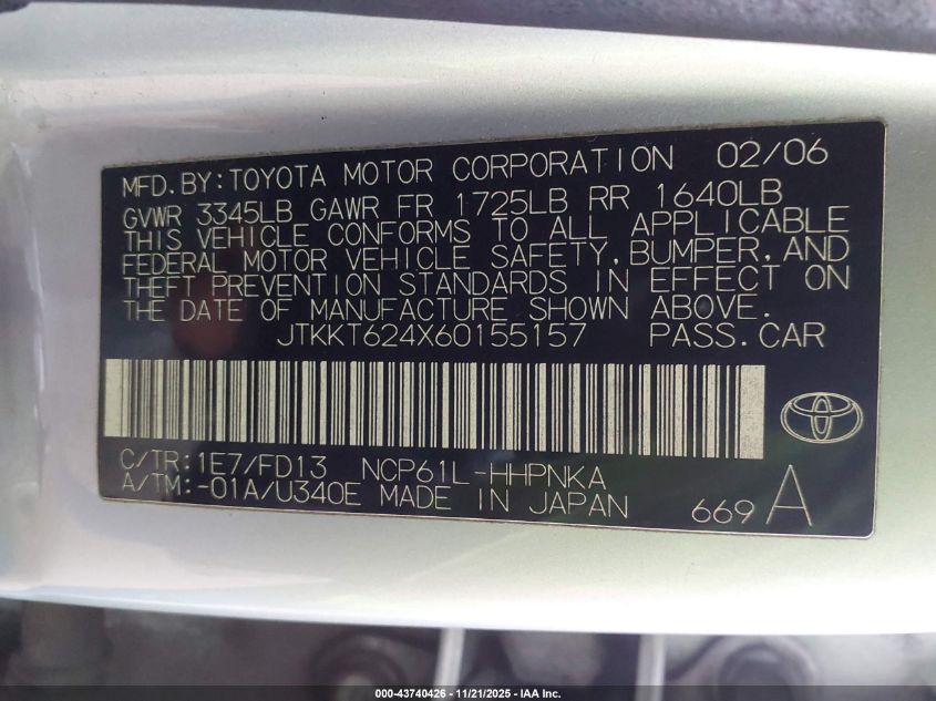 2006 Scion Xa VIN: JTKKT624X60155157 Lot: 43740426