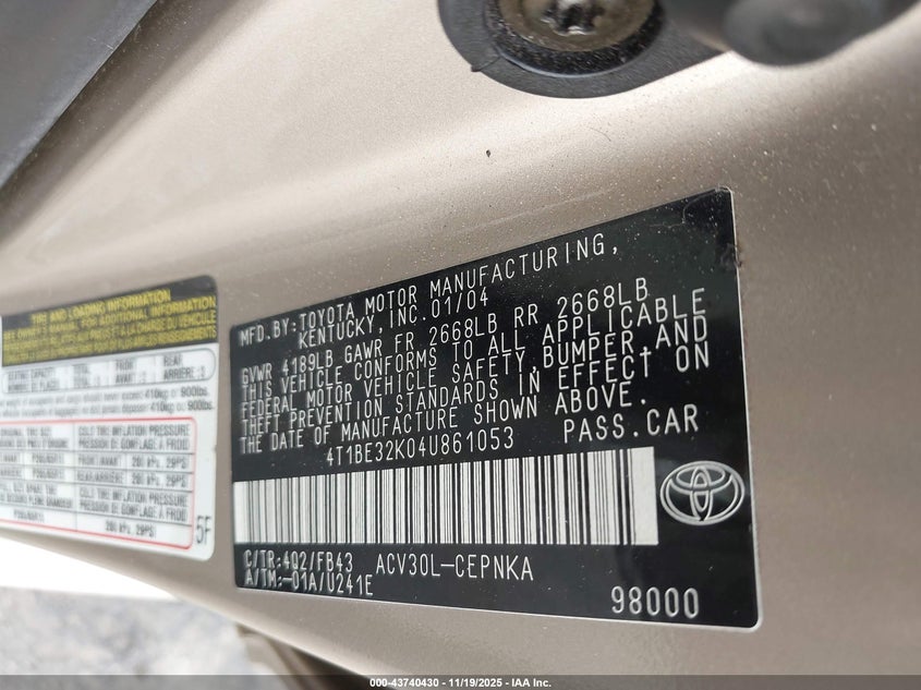 4T1BE32K04U861053 2004 TOYOTA CAMRY photo no. 9
