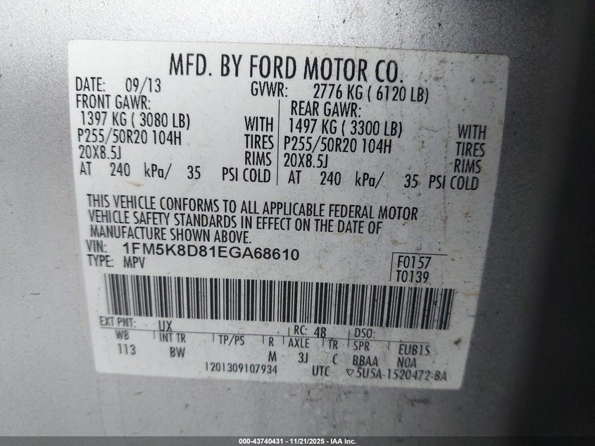1FM5K8D81EGA68610 2014 FORD EXPLORER photo no. 9