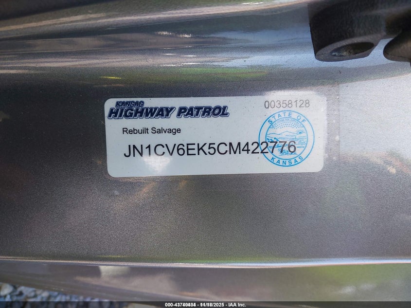 2012 Infiniti G37 Journey VIN: JN1CV6EK5CM422776 Lot: 43740434