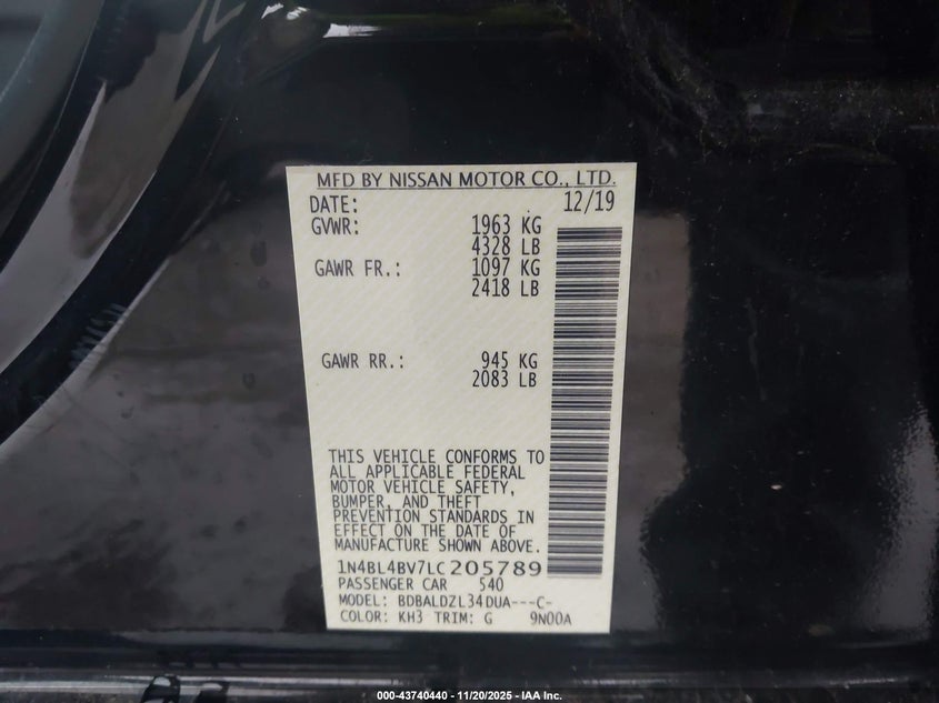VIN 1N4BL4BV7LC205789 2020 NISSAN ALTIMA S FWD