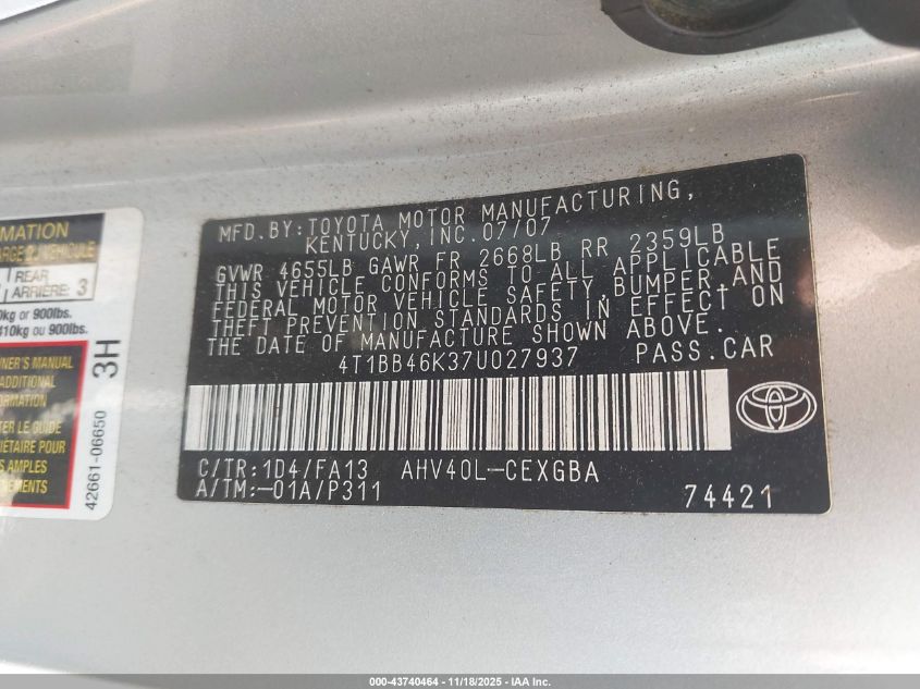 2007 Toyota Camry Hybrid VIN: 4T1BB46K37U027937 Lot: 43740464