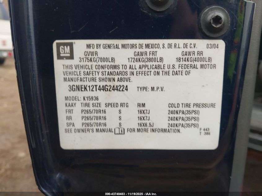 2004 Chevrolet Avalanche 1500 VIN: 3GNEK12T44G244224 Lot: 43740483