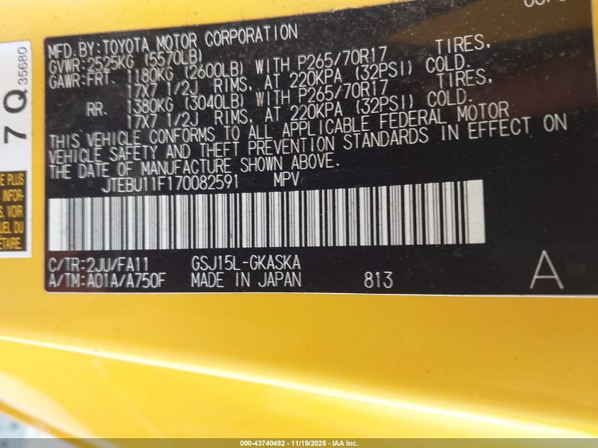 2007 Toyota Fj Cruiser VIN: JTEBU11F170082591 Lot: 43740492