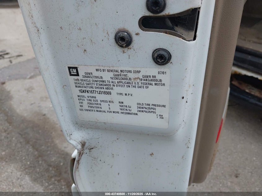 2001 GMC Yukon Xl K1500 VIN: 1GKFK16T71J316569 Lot: 43740508