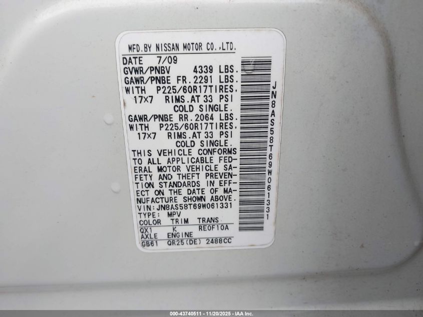 2009 Nissan Rogue Sl VIN: JN8AS58T69W061331 Lot: 43740511