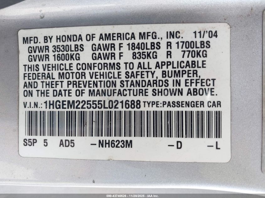 2005 Honda Civic Lx VIN: 1HGEM22555L021688 Lot: 43740526