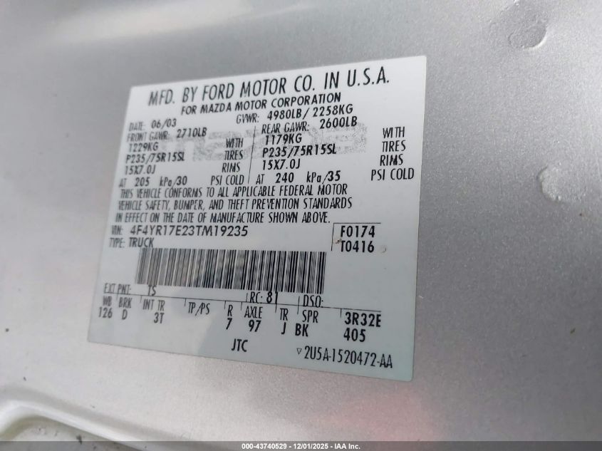 2003 Mazda B4000 Se VIN: 4F4YR17E23TM19235 Lot: 43740529