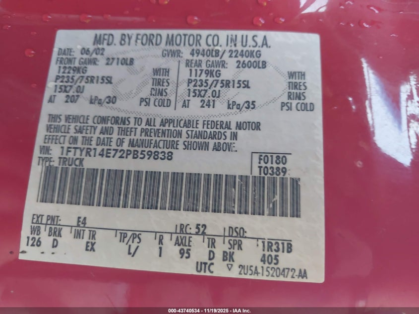 2002 Ford Ranger Edge VIN: 1FTYR14E72PB59838 Lot: 43740534