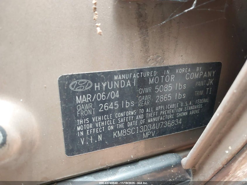 2004 Hyundai Santa Fe Gls VIN: KM8SC13D34U736834 Lot: 43740548
