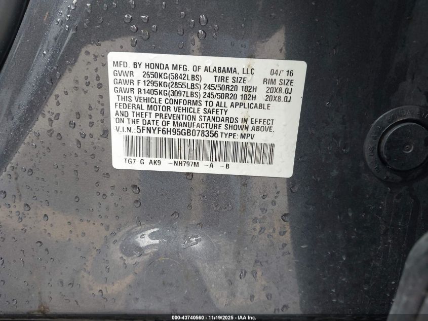 2016 Honda Pilot Touring VIN: 5FNYF6H95GB078356 Lot: 43740560