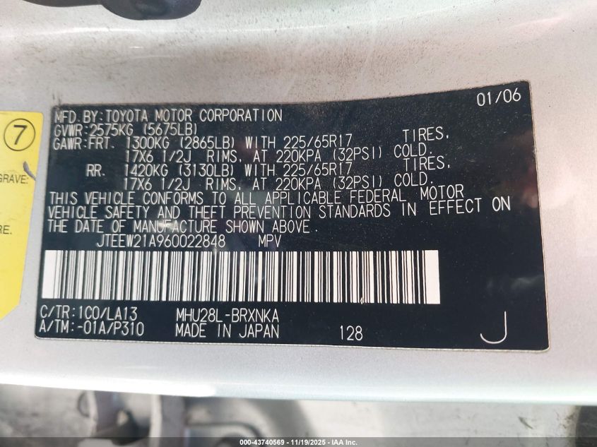 2006 Toyota Highlander Hybrid Limited V6 VIN: JTEEW21A960022848 Lot: 43740569