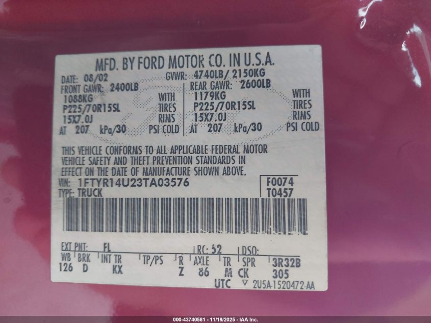 2003 Ford Ranger Edge/Tremor/Xl/Xlt VIN: 1FTYR14U23TA03576 Lot: 43740581