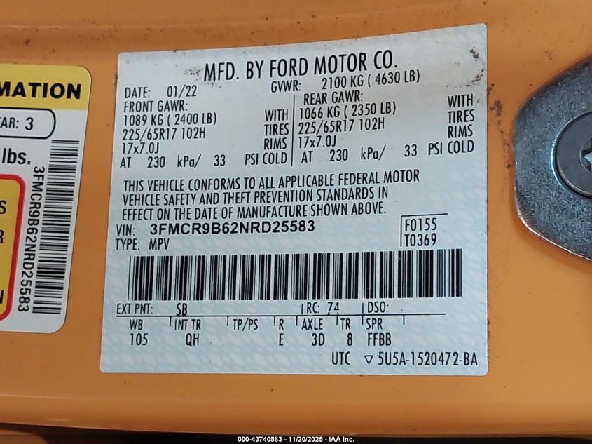 2022 Ford Bronco Sport Big Bend VIN: 3FMCR9B62NRD25583 Lot: 43740583