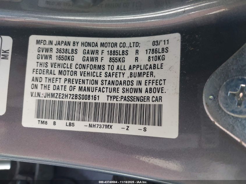 2011 Honda Insight Ex VIN: JHMZE2H72BS008161 Lot: 43740584