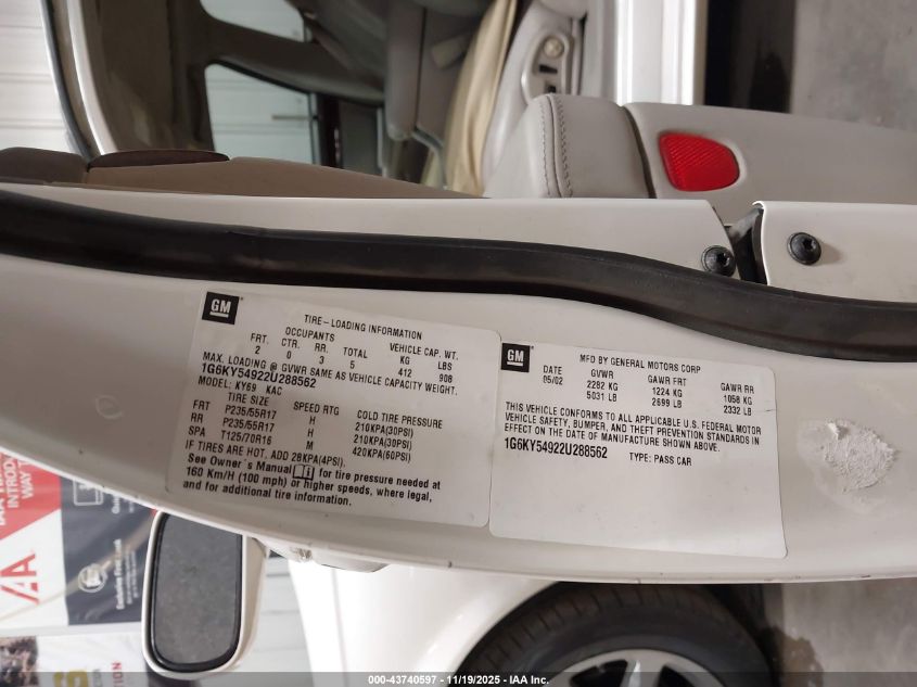 2002 Cadillac Seville Sts VIN: 1G6KY54922U288562 Lot: 43740597