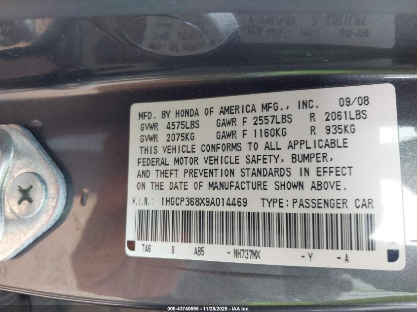 2009 Honda Accord 3.5 Ex-L VIN: 1HGCP368X9A014469 Lot: 43740598