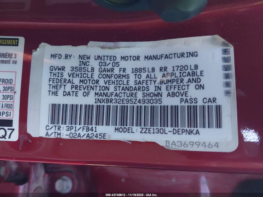 2005 Toyota Corolla Le VIN: 1NXBR32E95Z493035 Lot: 43740612