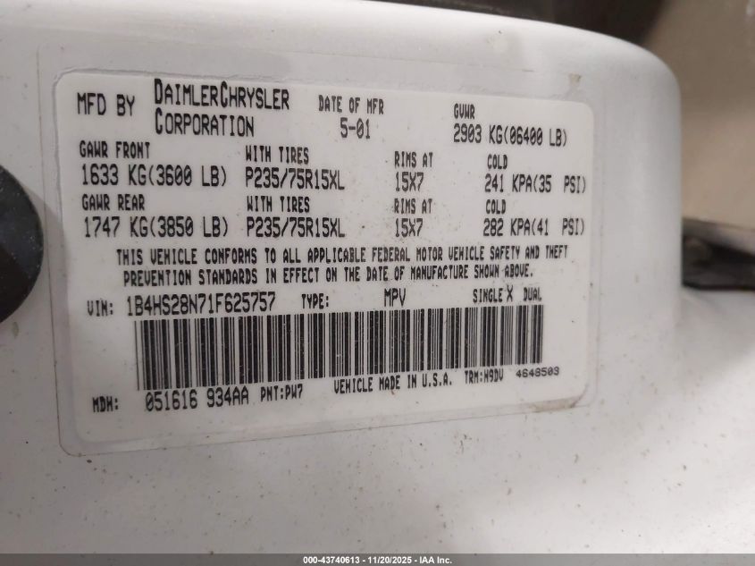2001 Dodge Durango VIN: 1B4HS28N71F625757 Lot: 43740613
