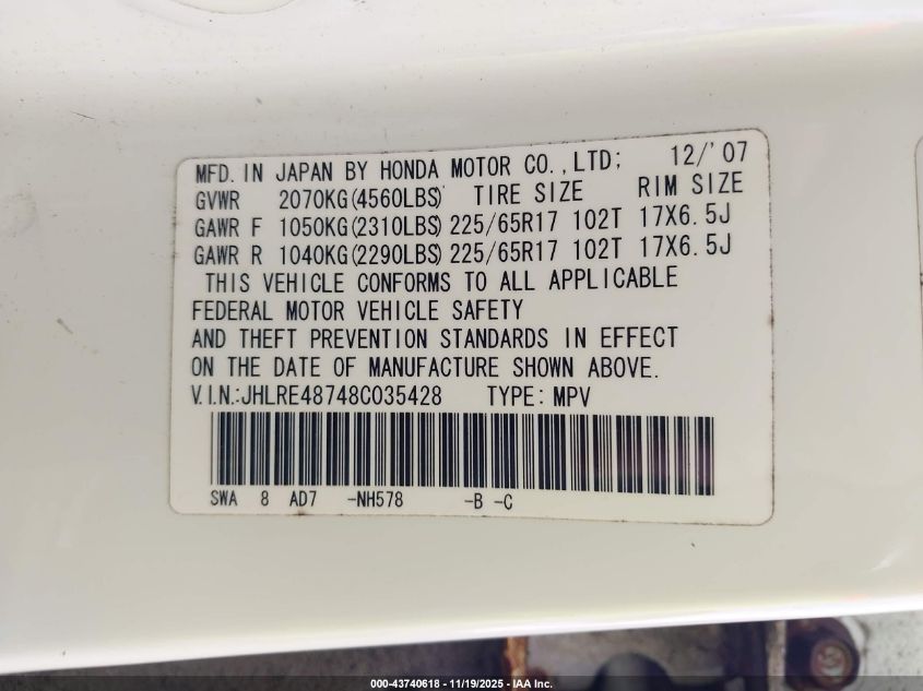 2008 Honda Cr-V Ex-L VIN: JHLRE48748C035428 Lot: 43740618