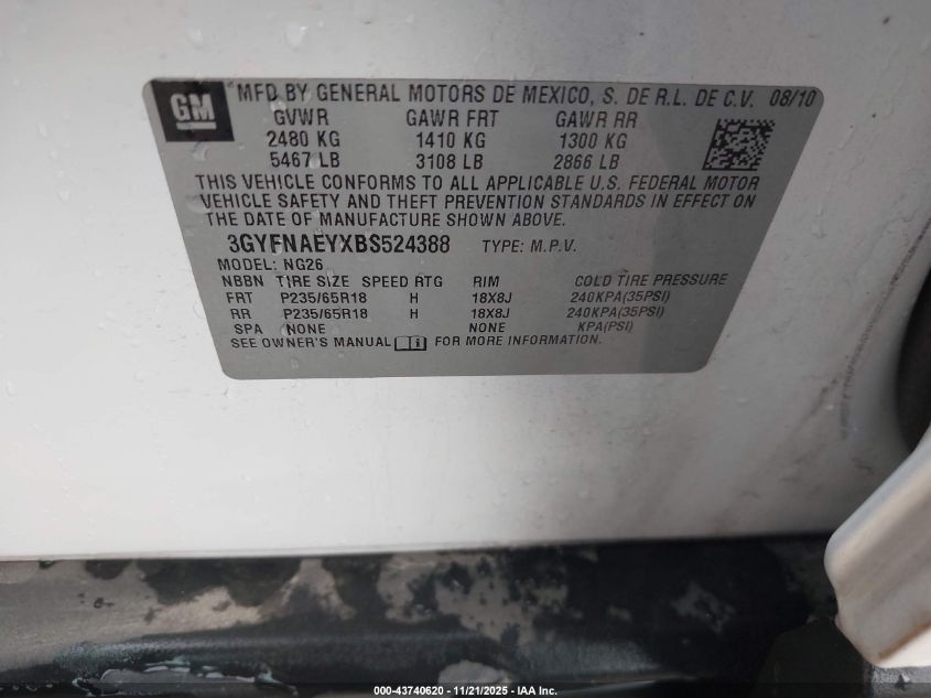 2011 Cadillac Srx Luxury Collection VIN: 3GYFNAEYXBS524388 Lot: 43740620