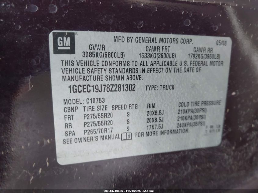 2008 Chevrolet Silverado 1500 Lt1 VIN: 1GCEC19J78Z281302 Lot: 43740636