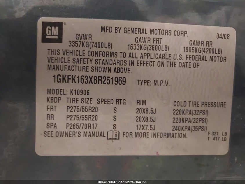 2008 GMC Yukon Xl 1500 Slt VIN: 1GKFK163X8R251969 Lot: 43740647