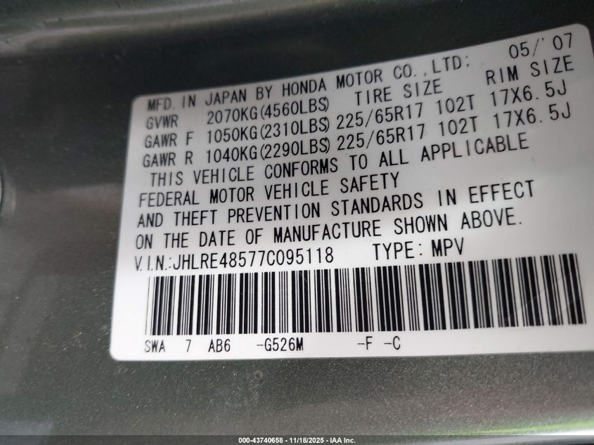 2007 Honda Cr-V Ex VIN: JHLRE48577C095118 Lot: 43740658