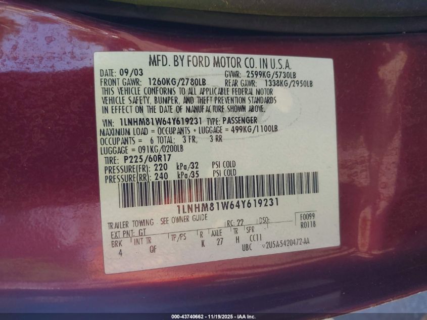 2004 Lincoln Town Car Signature VIN: 1LNHM81W64Y619231 Lot: 43740662