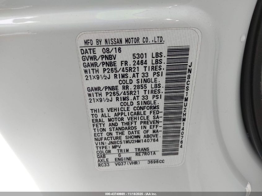 2017 Infiniti Qx70 VIN: JN8CS1MU2HM140764 Lot: 43740669