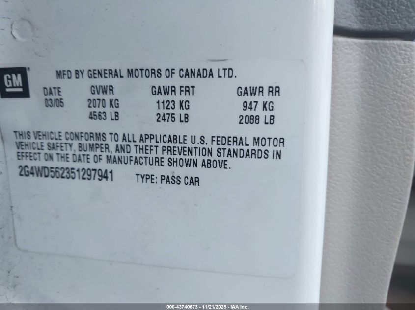 2005 Buick Lacrosse Cxl VIN: 2G4WD562351297941 Lot: 43740673