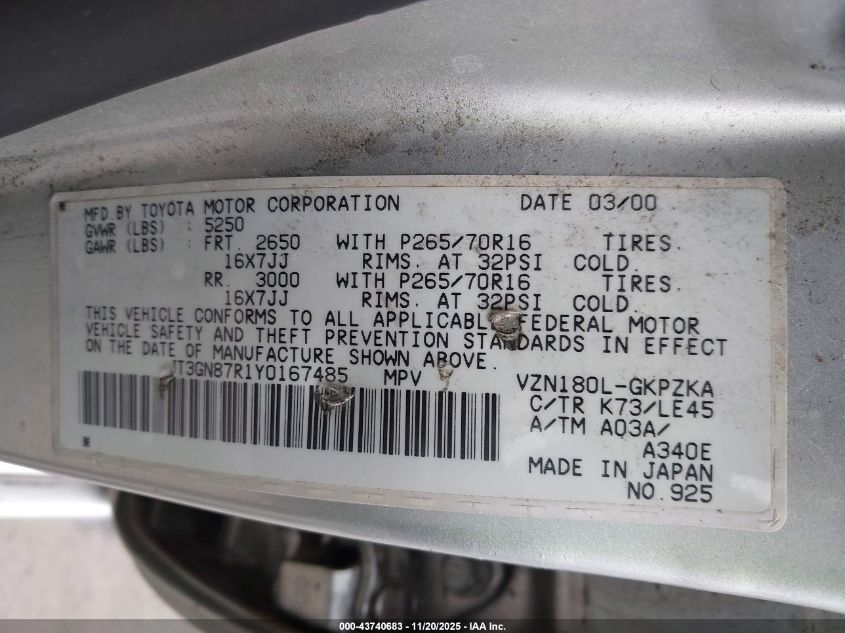 2000 Toyota 4Runner Limited V6 VIN: JT3GN87R1Y0167485 Lot: 43740683