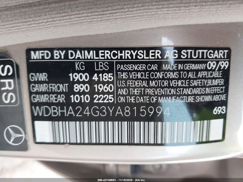 2000 Mercedes-Benz C 230 Kompressor VIN: WDBHA24G3YA815994 Lot: 43740693