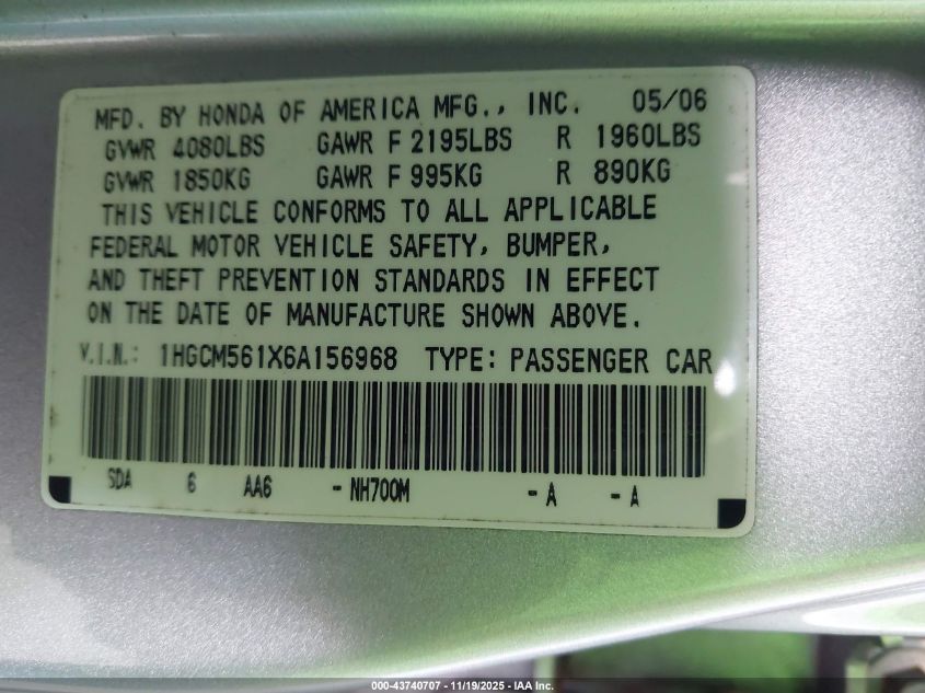 2006 Honda Accord 2.4 Vp VIN: 1HGCM561X6A156968 Lot: 43740707