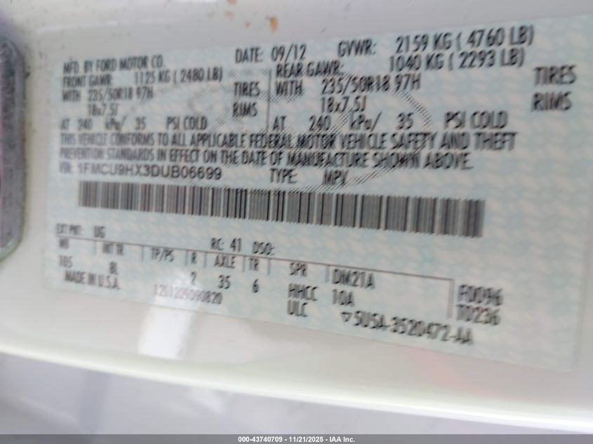 2013 Ford Escape Sel VIN: 1FMCU9HX3DUB06699 Lot: 43740709