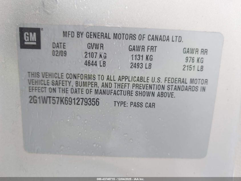 2009 Chevrolet Impala Lt VIN: 2G1WT57K691279356 Lot: 43740715