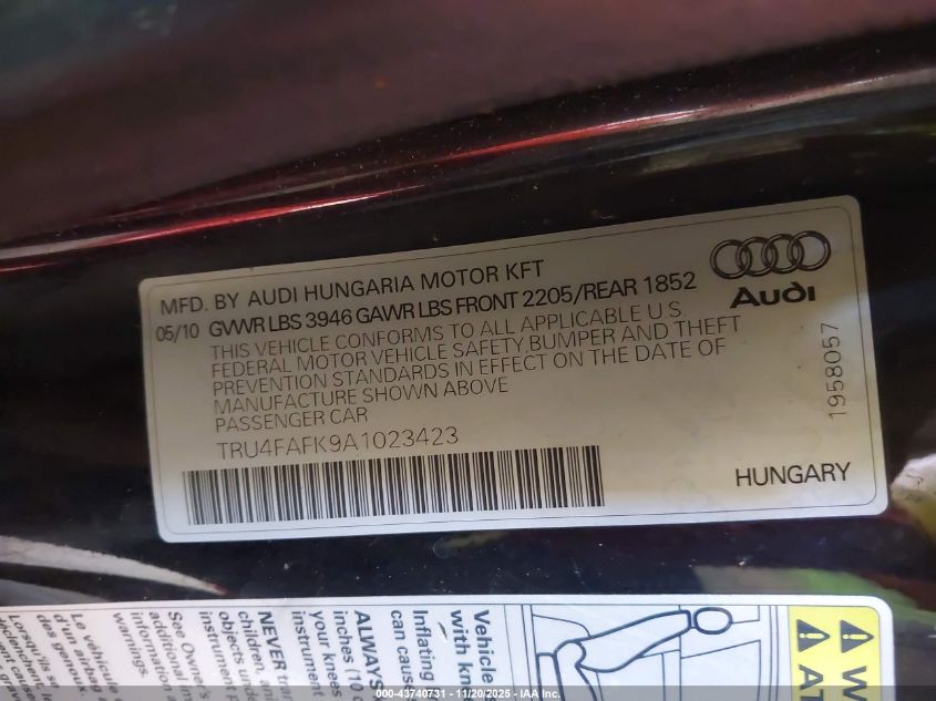 2010 Audi Tt 2.0T Premium VIN: TRU4FAFK9A1023423 Lot: 43740731