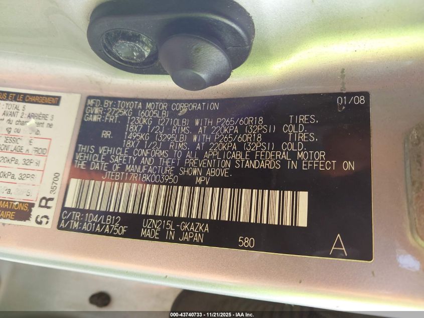 2008 Toyota 4Runner Limited V8 VIN: JTEBT17R18K003950 Lot: 43740733