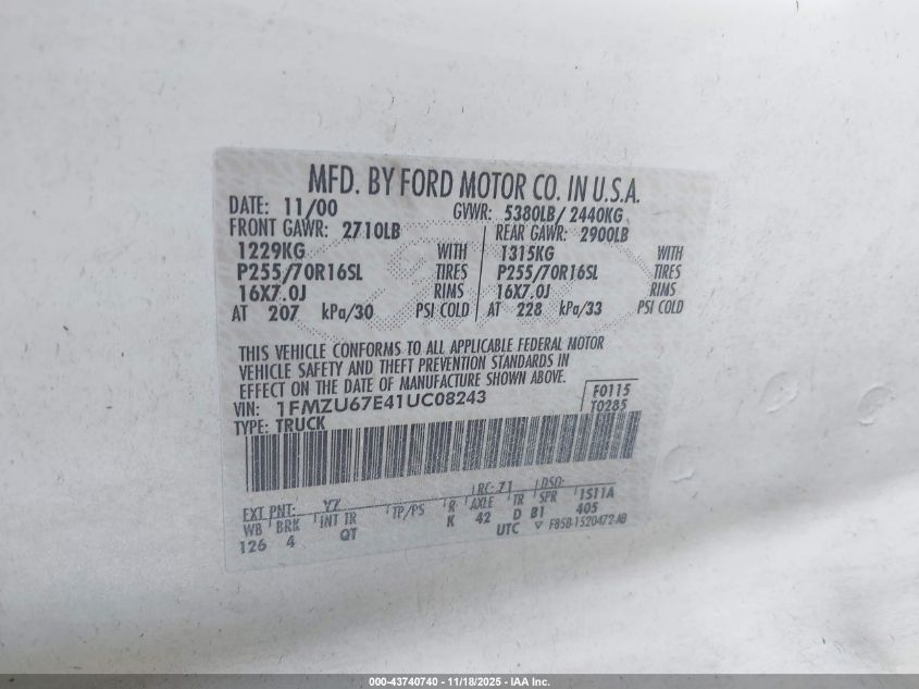 2001 Ford Explorer Sport Trac VIN: 1FMZU67E41UC08243 Lot: 43740740
