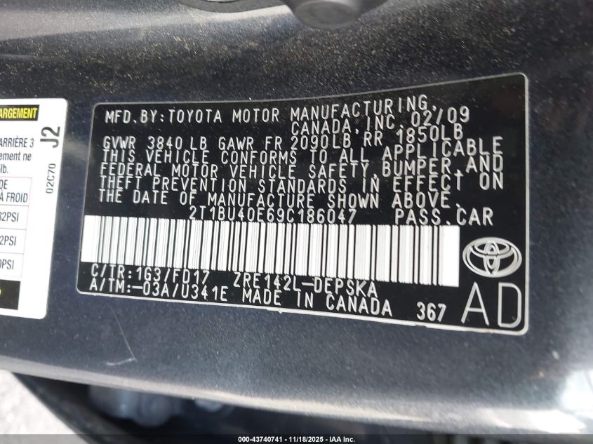 2009 Toyota Corolla S VIN: 2T1BU40E69C186047 Lot: 43740741