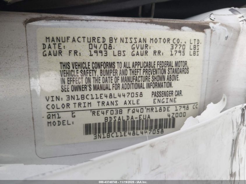 2008 Nissan Versa 1.8S VIN: 3N1BC11E48L447058 Lot: 43740748