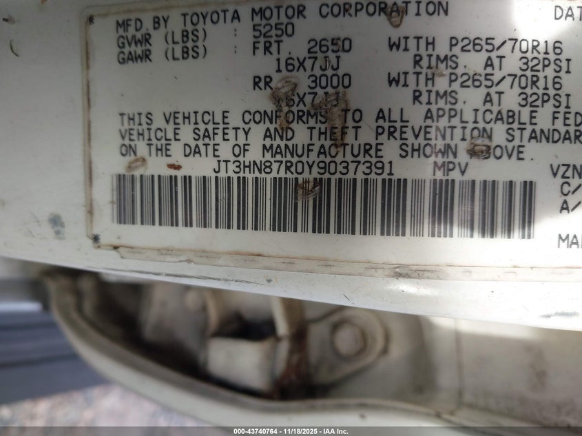 JT3HN87R0Y9037391 2000 TOYOTA 4RUNNER photo no. 9