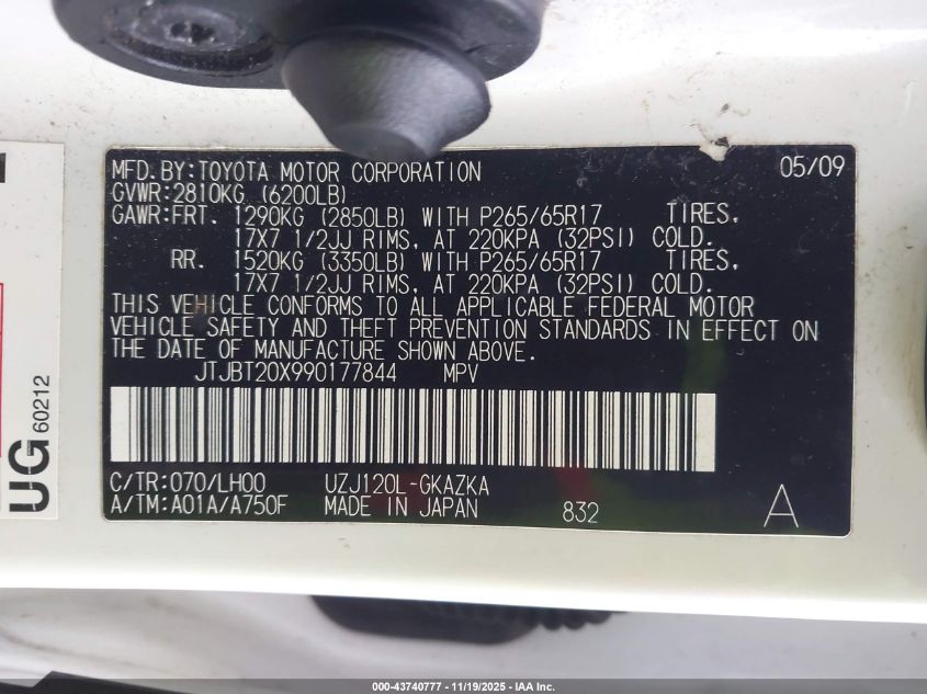 2009 Lexus Gx 470 VIN: JTJBT20X990177844 Lot: 43740777