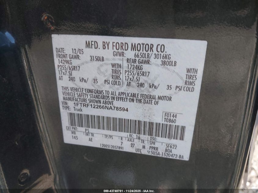 2006 Ford F-150 Stx/Xl/Xlt VIN: 1FTRF12266NA78594 Lot: 43740781