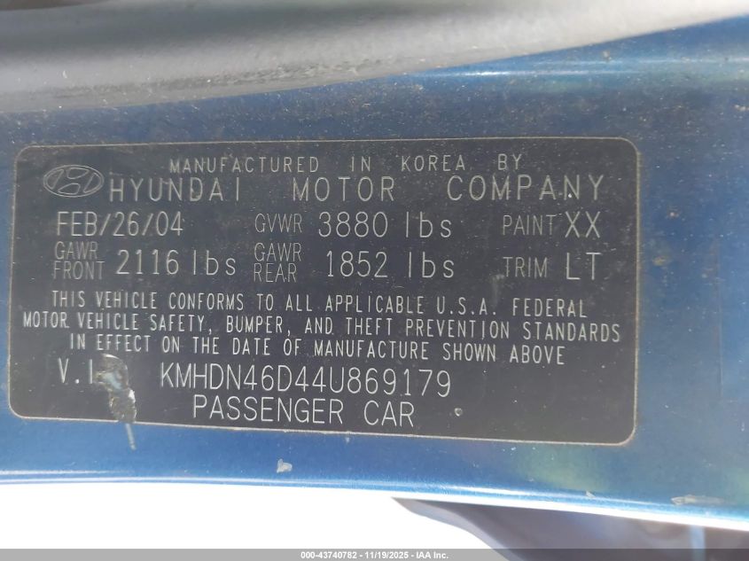 2004 Hyundai Elantra Gls/Gt VIN: KMHDN46D44U869179 Lot: 43740782