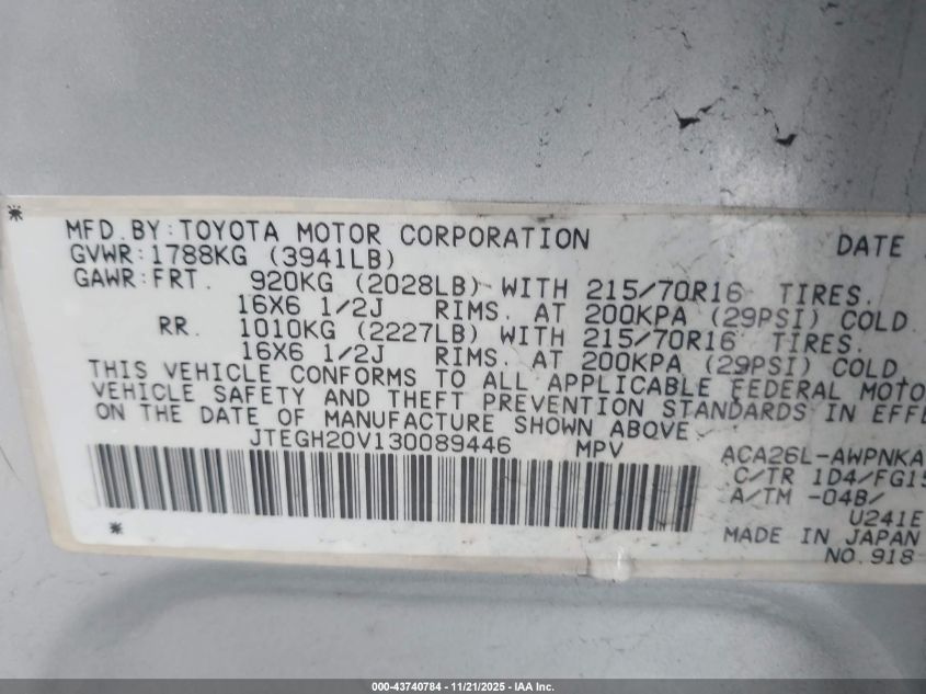 2003 Toyota Rav4 VIN: JTEGH20V130089446 Lot: 43740784