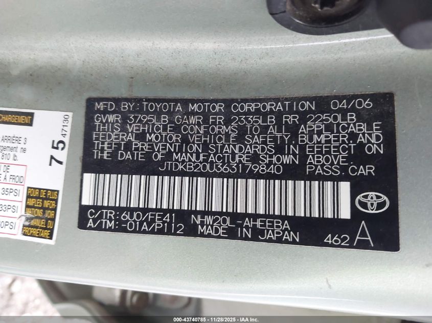2006 Toyota Prius VIN: JTDKB20U363179840 Lot: 43740785
