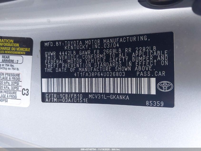 2004 Toyota Camry Solara Se VIN: 4T1FA38P64U026803 Lot: 43740794